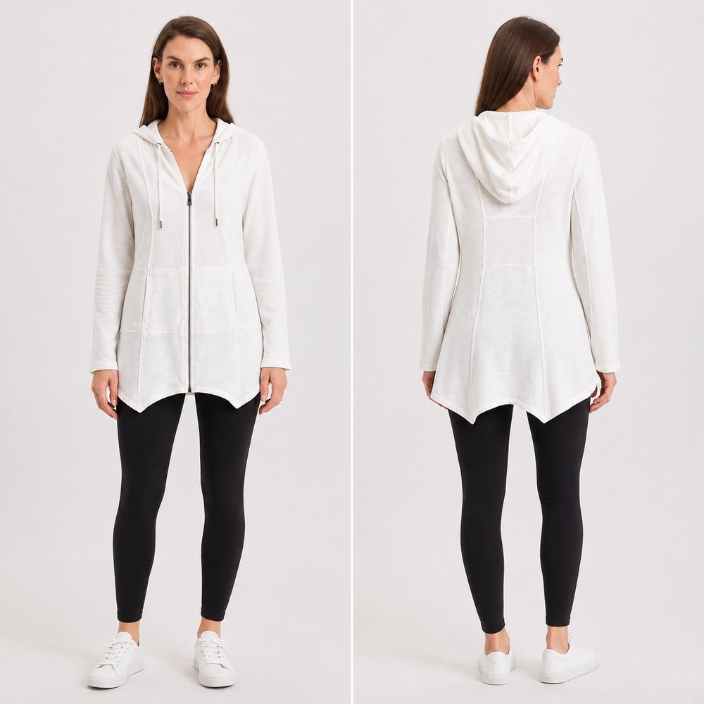 XCVI Full Zip Hoodie Size Small White Slub Knit Asymmetric Hem Casual Sweatshirt